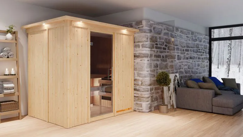 Sauna "Veli" SET mit graphitfarbener Tür und Kranz - Farbe: Natur, Ofen externe Steuerung easy 9 kW - 210 x 165 x 202 cm (B x T x H)