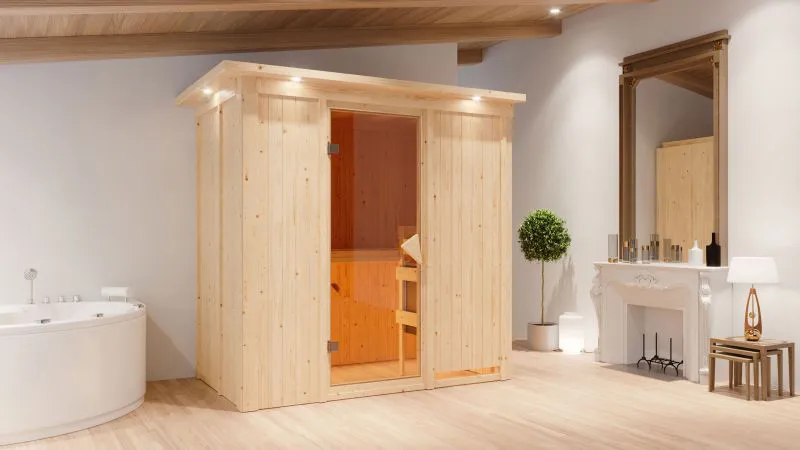 Sauna "Eeli" mit bronzierter Tür und Kranz - Farbe: Natur - 210 x 132 x 202 cm (B x T x H)