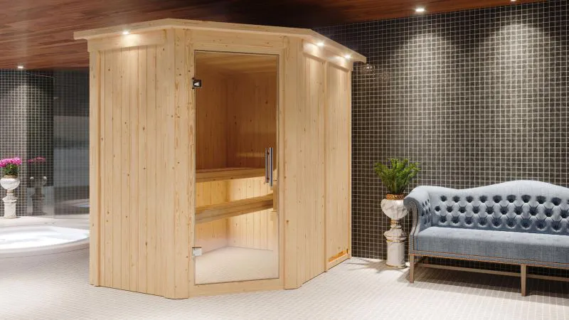 Sauna "Mika" SET mit Klarglastür, Kranz & Ofen externe Steuerung easy 9 KW - 165 x 210 x 202 cm (B x T x H)