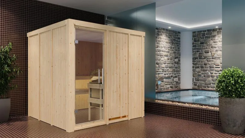 Sauna "Aleksi" SET mit Klarglastür & Ofen externe Steuerung easy 9 KW - 196 x 196 x 198 cm (B x T x H)