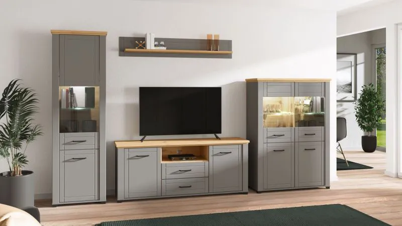 Modernes Wohnzimmer - Set B Banat, 4-teilig, Farbe: Eiche Artisan / Graphitgrau / Grau, ABS-Kantenschutz, zwei Vitrinen, ein TV-Unterschrank und ein Wandregal