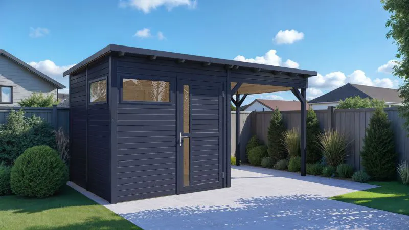 Gartenhaus Kiel 02 mit Anbaudach, inkl. Fußboden, Gerätehaus, Anthrazit - 19 mm Elementgartenhaus, Grundfläche: 10,51 m², Flachdach