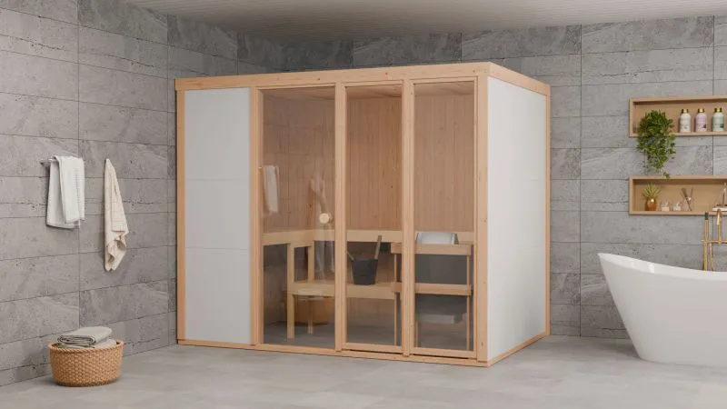 Innen-Sauna Ruhetraum 03 | 243 x 154 cm | Elementsauna | inkl. Banksystem | Glastür aus gehärtetem Sicherheitsglas | Fensterelemente mit 2-fach-Verglasung | Höhe 201 cm