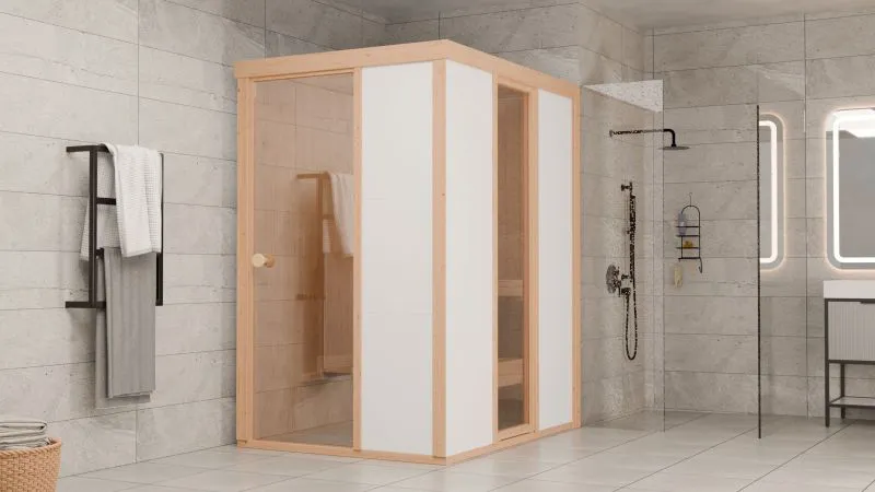 Sauna Ruhetraum 01 | 123 x 154 cm | Höhe 201 cm | Elementsauna | Fensterelemente mit 2-fach-Verglasung | Glastür aus gehärtetem Sicherheitsglas | inkl. Banksystem