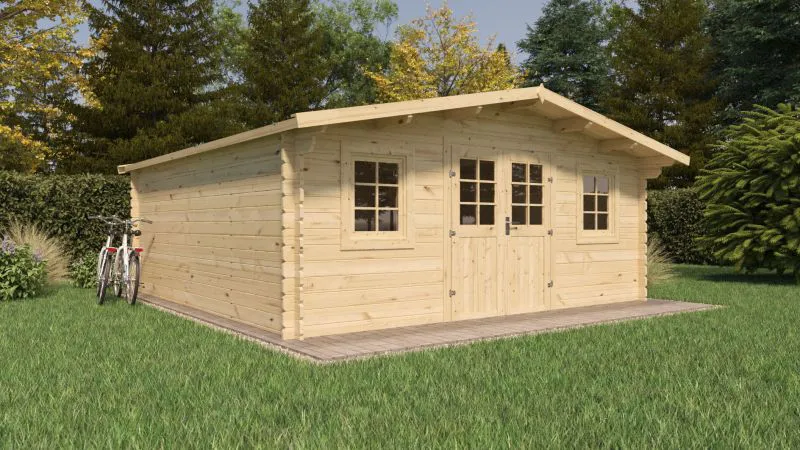 Gartenhaus Wiesenlust 05, 34 mm Blockbohlenhaus, Naturbelassen, Grundfläche 25 m², mit 1 Doppeltür und 2 Einzelfenstern, Satteldach
