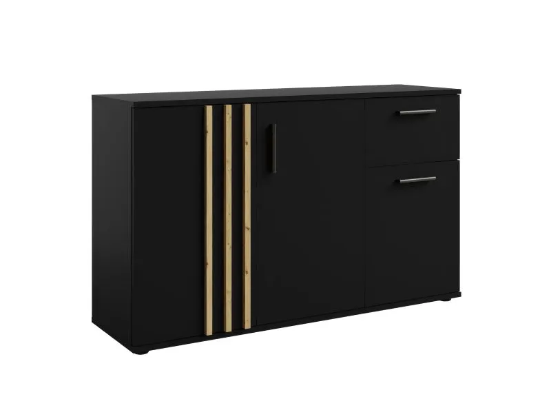 Sideboard / Kommode mit drei Türen Elefsina 02, Farbe: Schwarz / Eiche Artisan, eine Schublade, drei Fächer, Maße: 73 x 120 x 35 cm, gut Verarbeitet