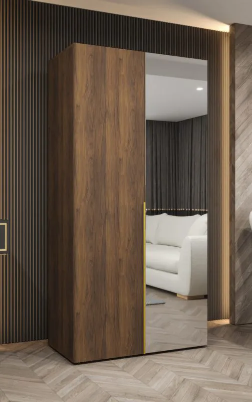 Drehtürenschrank mit einer Spiegeltür | Farbe: Walnuss | 1 Meter breit | eine Kleiderstange | Griffe: Gold | ein Fach | Soft-Close-Funktion