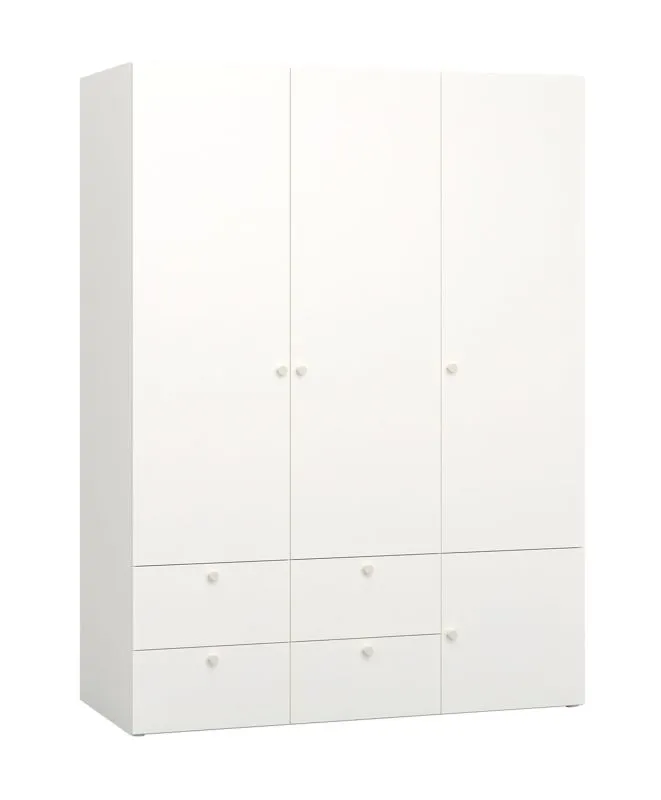 Moderner Kleiderschrank mit zwei Kleiderstangen Aenna 15, Farbe: Weiß / Grau, Maße: 202,5 x 151 x 60 cm, Griffe: Weiß, sechs Fächer, integrierte LED-Beleuchtung