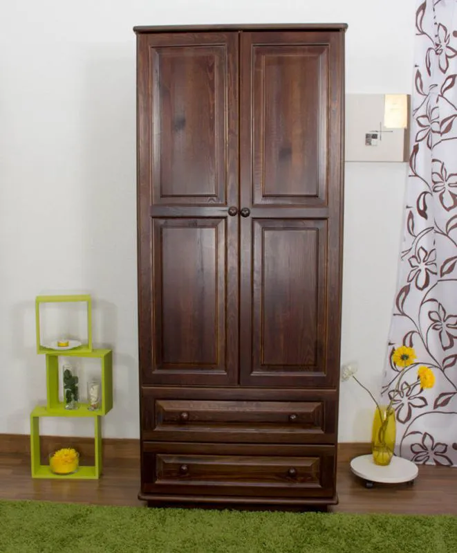 Kleiderschrank | 2 Drehtüren | 2 Schubladen | 4 Fächer | mit Kleiderstange | 80 cm breit | Massivholz | Farbe: Nuss Abbildung
