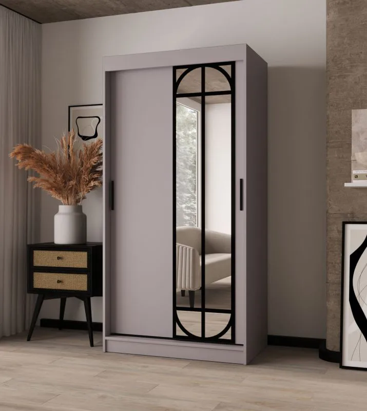 Kleiderschrank | Kaschmir | 2 Kleiderstangen | 5 Fächer | 100 x 62 x 200 cm | dekorative Spiegeltür | Schiebetürenschrank | Moderne Details
