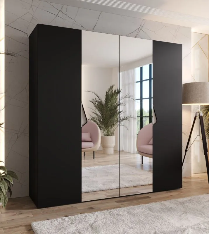 Drehtürenschrank | Farbe: Schwarz | 2 Spiegeltüren | Griffe: Kaschmir | 2 Fächer | 2 Kleiderstangen | Maße: 200 x 52 x 202 cm | Soft-Close-Funktion