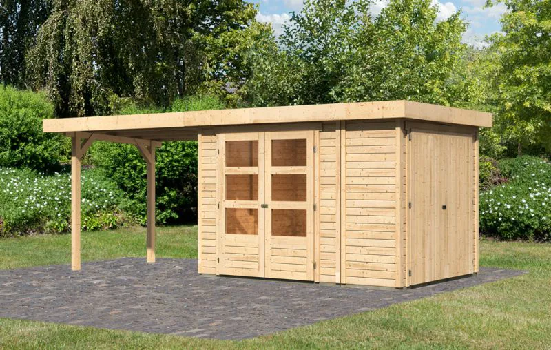 Gartenhaus SET naturbelassen mit Anbauschrank, Anbaudach 280 cm Breite, Grundfläche: 6,05 m²