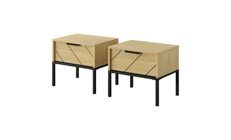 Zwei Nachtkommoden mit jeweils einer Schublade Damous 04, Farbe: Eiche Scandi / Schwarz - Abmessungen: 41 x 46,5 x 35 cm (H x B x T)