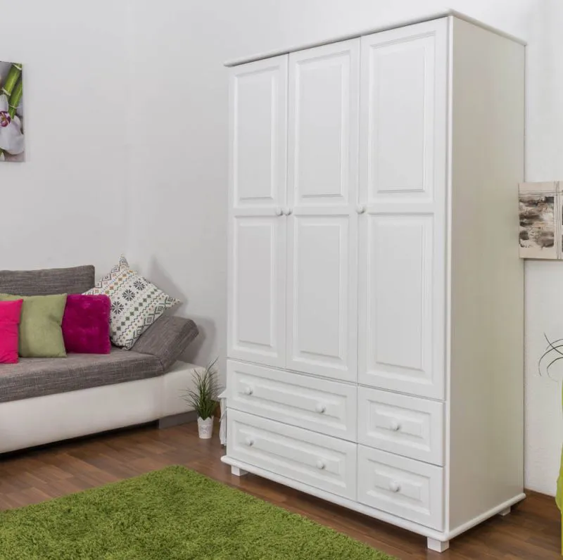 Kleiderschrank | 3 Drehtüren | 4 Schubladen | 3 Fächer | mit Kleiderstange | 120 cm breit | Massivholz | Farbe: Weiß Abbildung