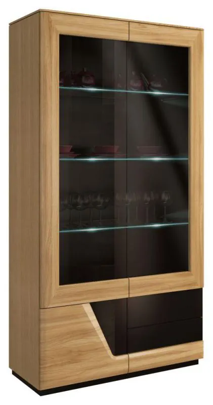 Bücherregal Bücherschrank Büchervitrine - 102 cm breit, teilmassiv, Optik: Eiche / Schwarz Abbildung