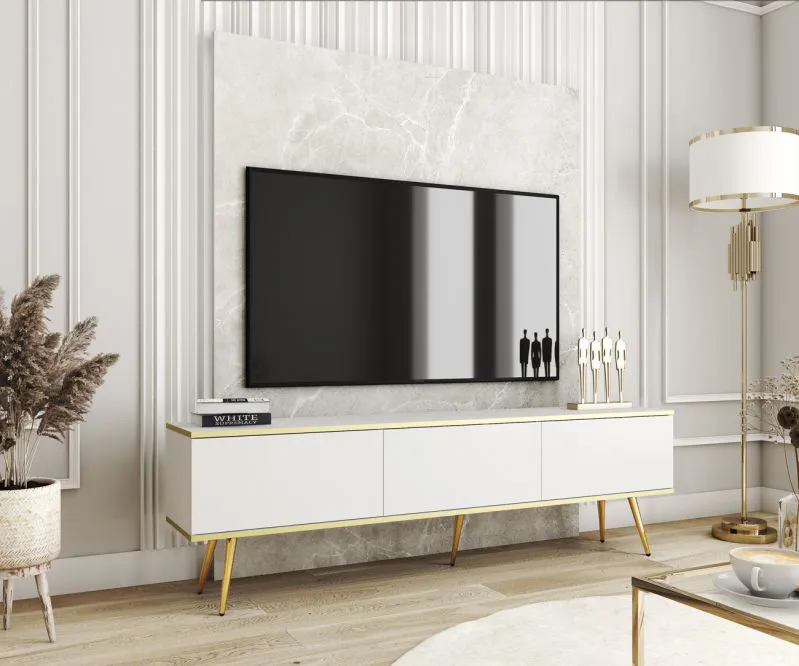 TV-Unterschrank / TV-Board mit drei Kipptüren Horsham 52, Farbe: Weiß, Push-to-open Funktion, ABS-Kantenschutz, hängend montierbar, Beine: Gold