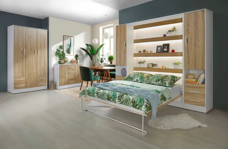 Schlafzimmer Komplett - Set B Nalut | 6-teilig | in Eiche / Weiß | Schrankbett 160 x 200 cm mit LED-Beleuchtung | Kleiderschrank | Kommode | weiße Metallgriffe