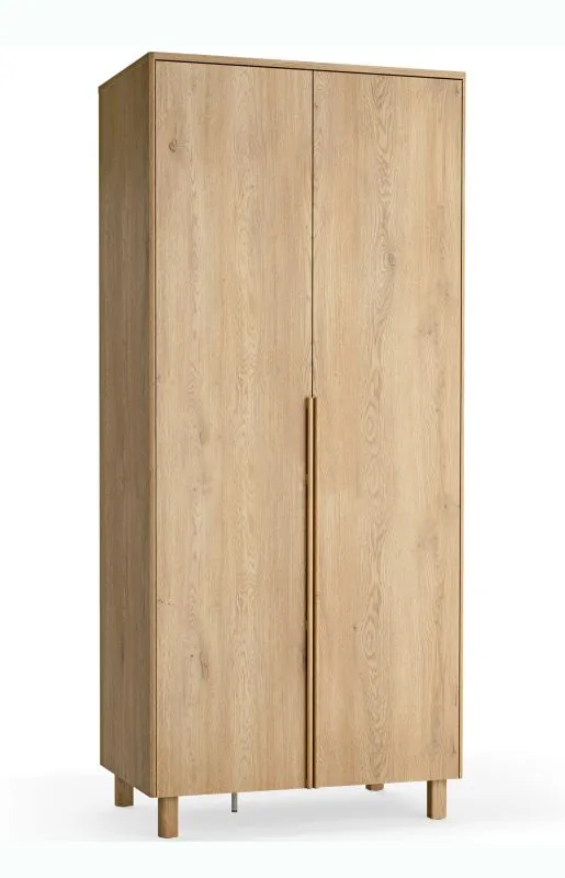 Kleiderschrank | 2 Türen | Soft-Close Funktion | integrierte LED-Beleuchtung | 2 Kleiderstangen | 7 Fächer | lange Griffe aus Eichenholz | 103 x 60 x 235 cm