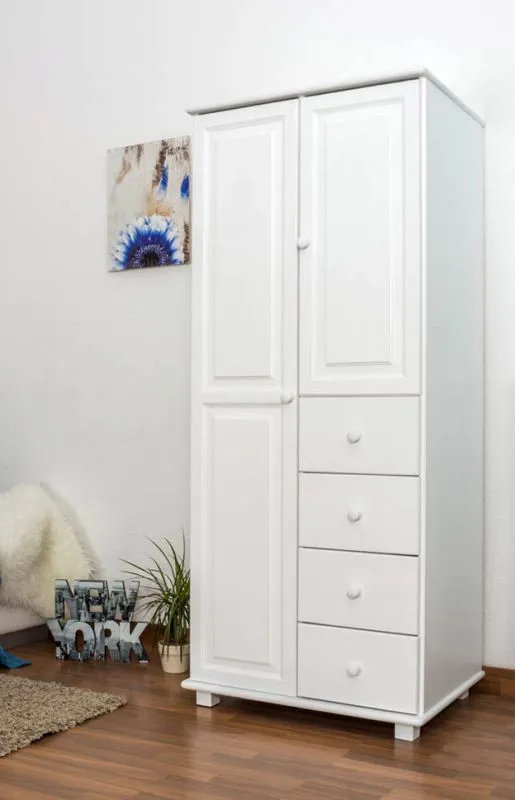 Schmaler Kleiderschrank | 1 Drehtür | 4 Schubladen | mit Kleiderstange | 80 cm breit | Massivholz Kiefer | Farbe: Weiß Abbildung