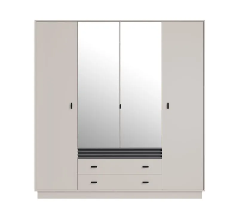 Kleiderschrank mit vier Türen Niel 16, drei Schubladen, Farbe: Kaschmir, eine Kleiderstange, neun Holzeinlegeböden, Maße: 210 x 200 x 56 cm, elf Fächer