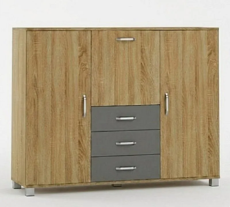 Kommode Ciomas 04, Farbe: Sonoma Eiche / Grau - Abmessungen: 104 x 135 x 40 cm (H x B x T)