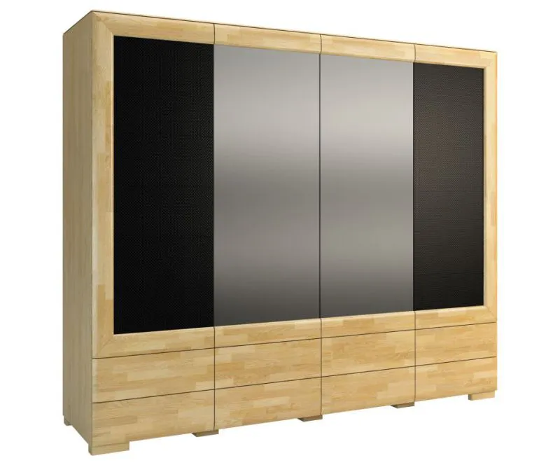 242 cm breiter Kleiderschrank mit 4 Türen, 14 Fächern und 4 Schubladen | teilmassiv | Farbe: Eiche / Schwarz | Tiefe: 61 cm Abbildung