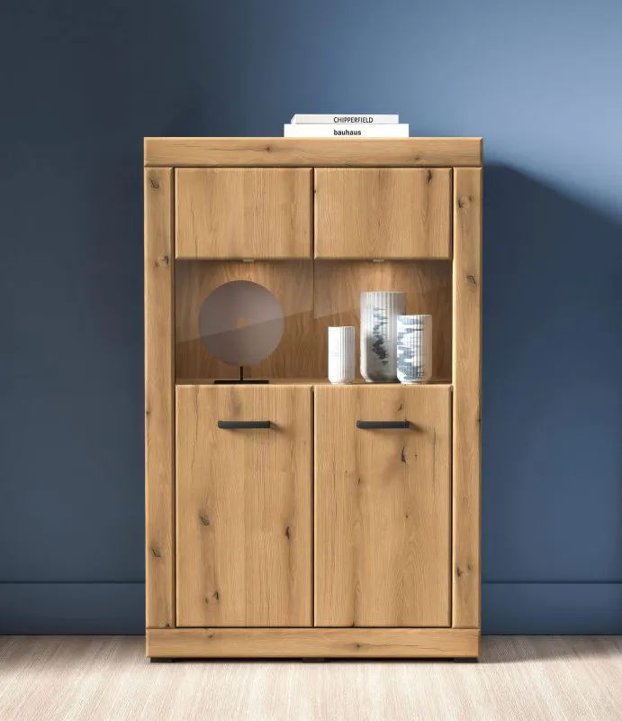 Vitrine Athens 03 | 2 Türen | Maße: 92 x 53 x 144 cm | Griffe: Kunststoff | Farbe: Eiche Evoke | Soft-Close | 4 Fächer | leiser Türschließmechanismus