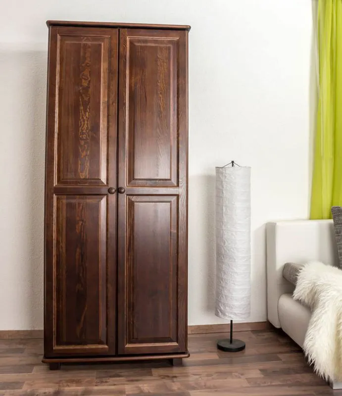 Kleiderschrank | 2 Drehtüren | 4 Fächer | mit Kleiderstange | 80 cm breit | Massivholz | Farbe: Nuss Abbildung