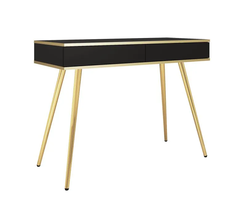 Eleganter Schminktisch mit Push-to-open Funktion Horsham 72, Farbe: Schwarz, zwei Schubladen, ABS-Kantenschutz, Beine: Gold, modernes Design