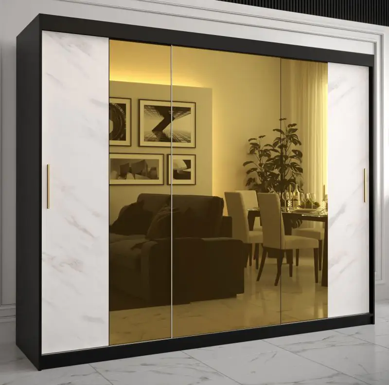 Eleganter Kleiderschrank mit genügend Stauraum Hochfeiler 70, Farbe: Schwarz / Weißer Marmor - Abmessungen: 200 x 250 x 62 cm (H x B x T), mit drei Spiegel