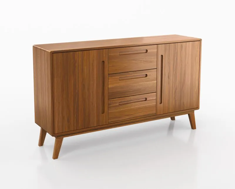 Sideboard / Kommode Engordany 03 | Buche Vollholz massiv | Farbe: Eiche Rustikal | lackiert | zwei Türen | Soft-Close-Funktion | drei Schubladen | vier Fächer