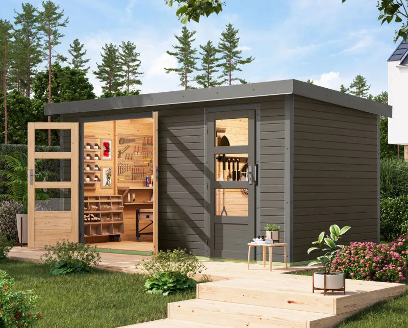 Pultdach Gartenhaus, Fichte terragrau/graualuminium, wetterfestes Trapezblechdach, stabile Ecken, Zylinderschloss, große Lichtausschnitte, 4,00×2,13 m