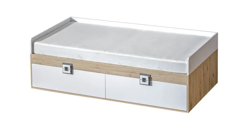 Kinderbett / Jugendbett Fabian 14 inkl. Bodenplatte, Farbe: Eiche Hellbraun / Weiß / Grau - 90 x 200 cm (L x B)