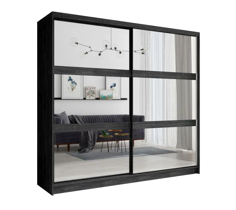 Schiebetürenschrank / Kleiderschrank Elafonisos 01, Spiegeltüren, Farbe: Eiche Wellington, zwei Kleiderstangen, 2,3 Meter breit, 10 Fächer