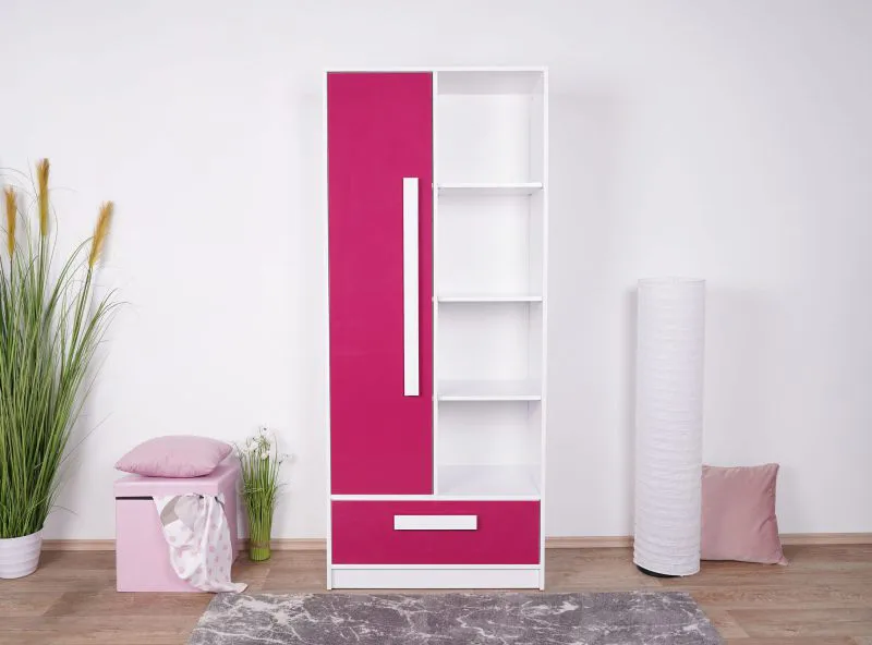 Kinderzimmer - Drehtürenschrank / Kleiderschrank Walter 03, Farbe: Weiß / Rosa Hochglanz - 191 x 80 x 40 cm (H x B x T)