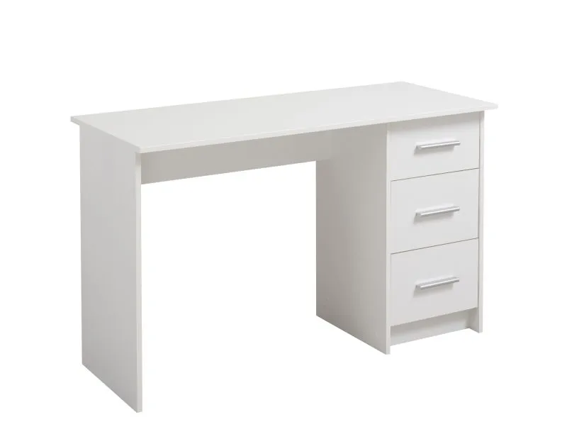 Schreibtisch Powar 02, Farbe: Weiß, drei Schubladen, Griffe: Grau, Maße: 74,5 x 121 x 50 cm, ABS-Kantenschutz, schlichtes Design, für Büro