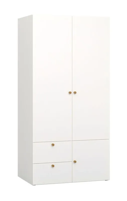 Moderner Kleiderschrank mit zwei Türen Aenna 29, zwei Schubladen, eine Kleiderstange, Farbe: Weiß / Indigo, Maße: 202,5 x 100,5 x 60 cm, Griffe: Eiche, sechs Fächer