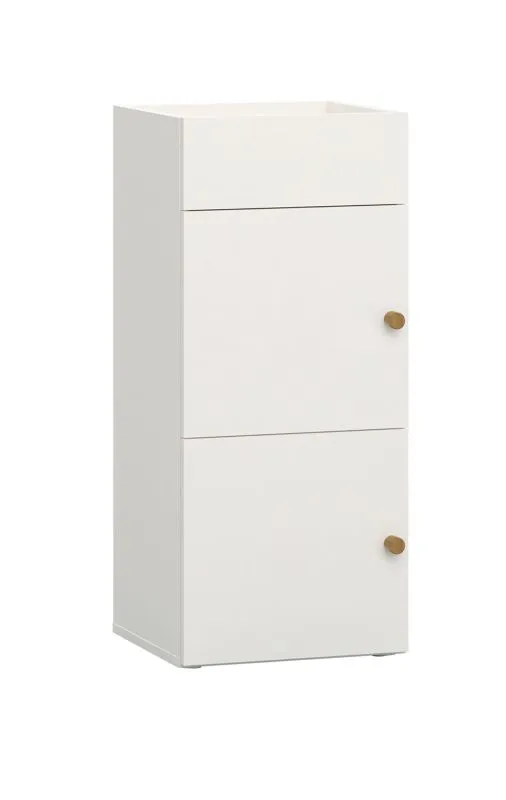 Weiße Kommode "Aenna 124" mit einer Tür und Ablage, Griffe: Eiche, Maße: 90 x 40 x 34 cm, zwei Fächer, schmal