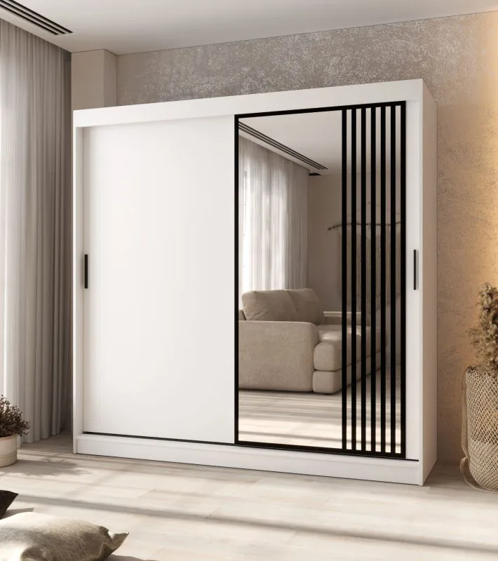 Kleiderschrank / Schiebetürenschrank | dekorative Spiegeltür | Weiß Matt | 10 Fächer | 2 Kleiderstangen | 200 x 62 x 200 cm | für Schlafzimmer