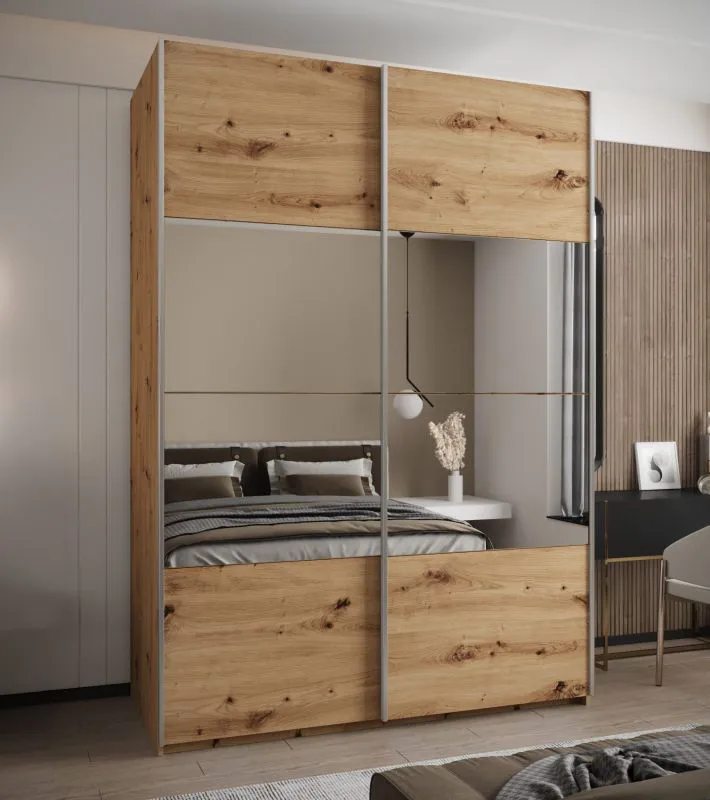 Kleiderschrank / Schiebetürenschrank | Farbe: Eiche Artisan | 2 Kleiderstangen | 11 Fächer | Spiegel | Soft-Close | 2 Schiebetüren | 245,5 x 180 x 64 cm