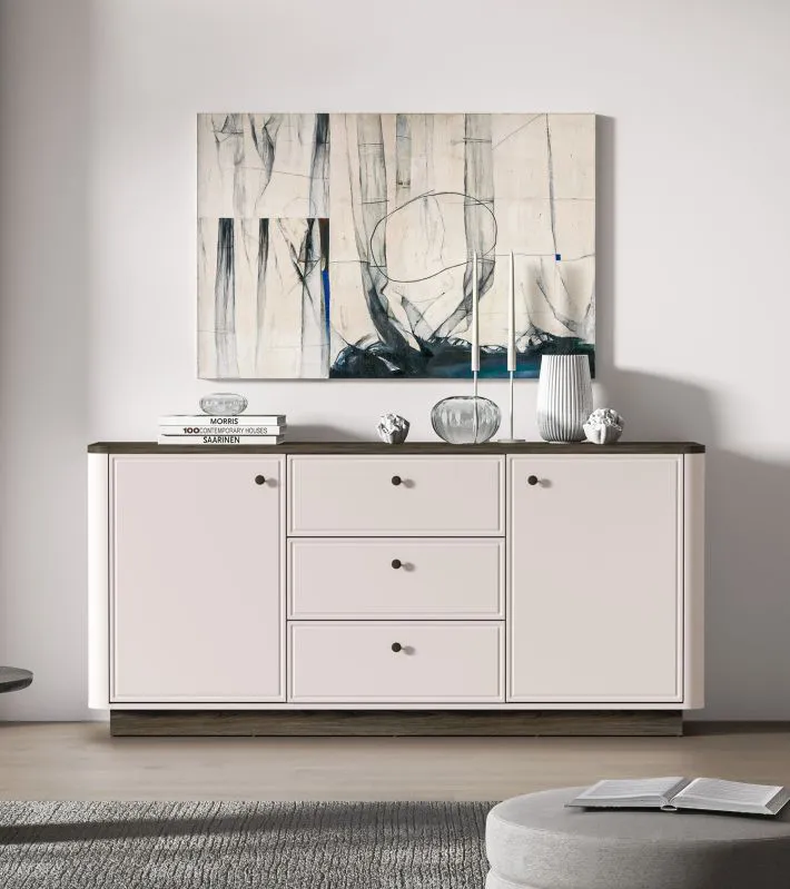 Kommode | 3 Schubladen | Farbe: Kaschmir / Eiche Windmill dunkel | Sideboard | 2 Türen | 4 Fächer | Maße: 180 x 40 x 85 cm | Soft-Close-Funktion