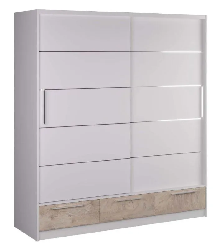 Kleiderschrank | 2 Schiebetüren | 3 Schubladen | 5 Fächer | mit Kleiderstange | 200 cm breit | Farbe: Eiche / Weiß Abbildung