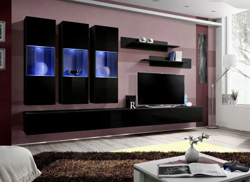 Wohnwand mit Push-to-open Funktion Hompland 48, Farbe: Schwarz - Abmessungen: 170 x 320 x 40 cm (H x B x T), mit blauer LED-Beleuchtung