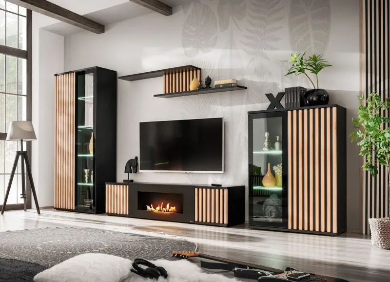 Wohnzimmer - Set B Romfo, 4-teilig, mit integrierten Biokamin, Farbe: Schwarz / Hickory Jackson, Push-to-open Funktion, zwei Vitrinen, ein TV-Schrank, ein Wandregal