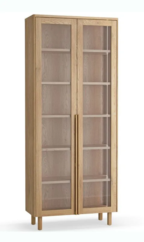 Vitrine | 2 Glastüren in Holz eingefasst | Farbe: Eiche | Soft-Close Funktion | 83 x 35 x 198 cm | integrierte Beleuchtung | 6 Fächer | 5 Einlegeböden