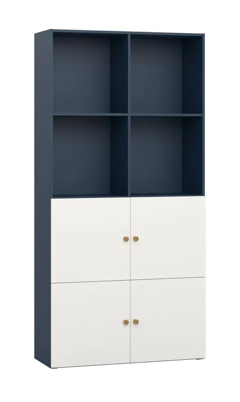 Modernes Bücherregal Aenna 38, Farbe: Indigo / Weiß, acht Fächer, Maße: 202,5 x 100,5 x 35 cm, verstellbare Füße, für Wohnzimmer