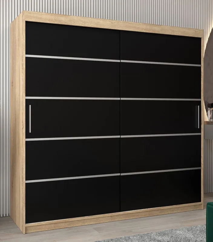 200 cm breiter Schiebetürenschrank mit 2 Türen | 10 Fächer | 2 Kleiderstangen | Farbe: Sonoma Eiche Abbildung