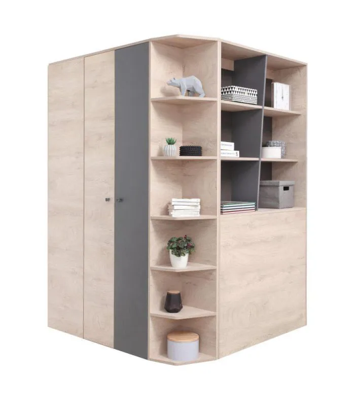 Jugendzimmer - Eckkleiderschrank begehbar, Farbe: Eiche / Grau - Abmessungen: 190 x 135 x 135 cm (H x B x T) Abbildung