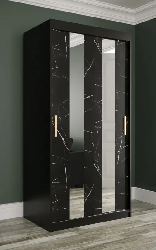Kleiderschrank mit einer Spiegeltür Ätna 93, Farbe: Schwarz matt /  Schwarzer Marmor - Abmessungen: 200 x 250 x 62 cm (H x B x T), mit genügend  Stauraum