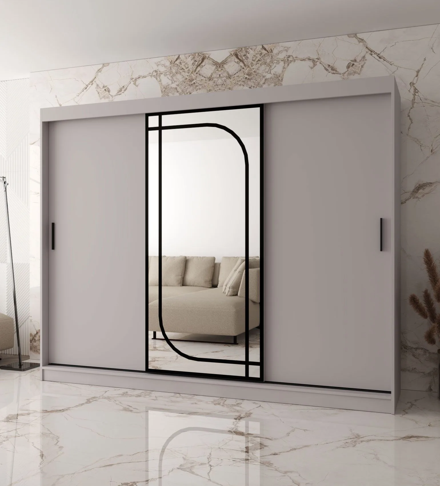 Kleiderschrank | Kaschmir | 3-Türig | 10 Fächer | 250 x 62 x 200 cm | dekorativer Spiegel | 2 Kleiderstangen | Schiebetürenschrank
